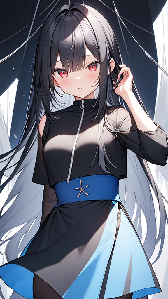 monochrome color, Blue Art, grayscales、masterpiece、top-quality、Top image quality、straight haired、Hanging eyes、kawaii、A dark-haired、red eyes、the wind、ビル群