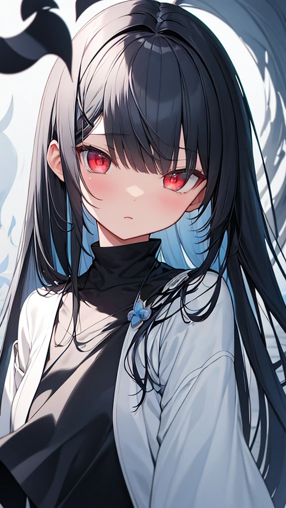monochrome color, Blue Art, grayscales、masterpiece、top-quality、Top image quality、straight haired、Hanging eyes、kawaii、A dark-haired、red eyes、the wind、ビル群