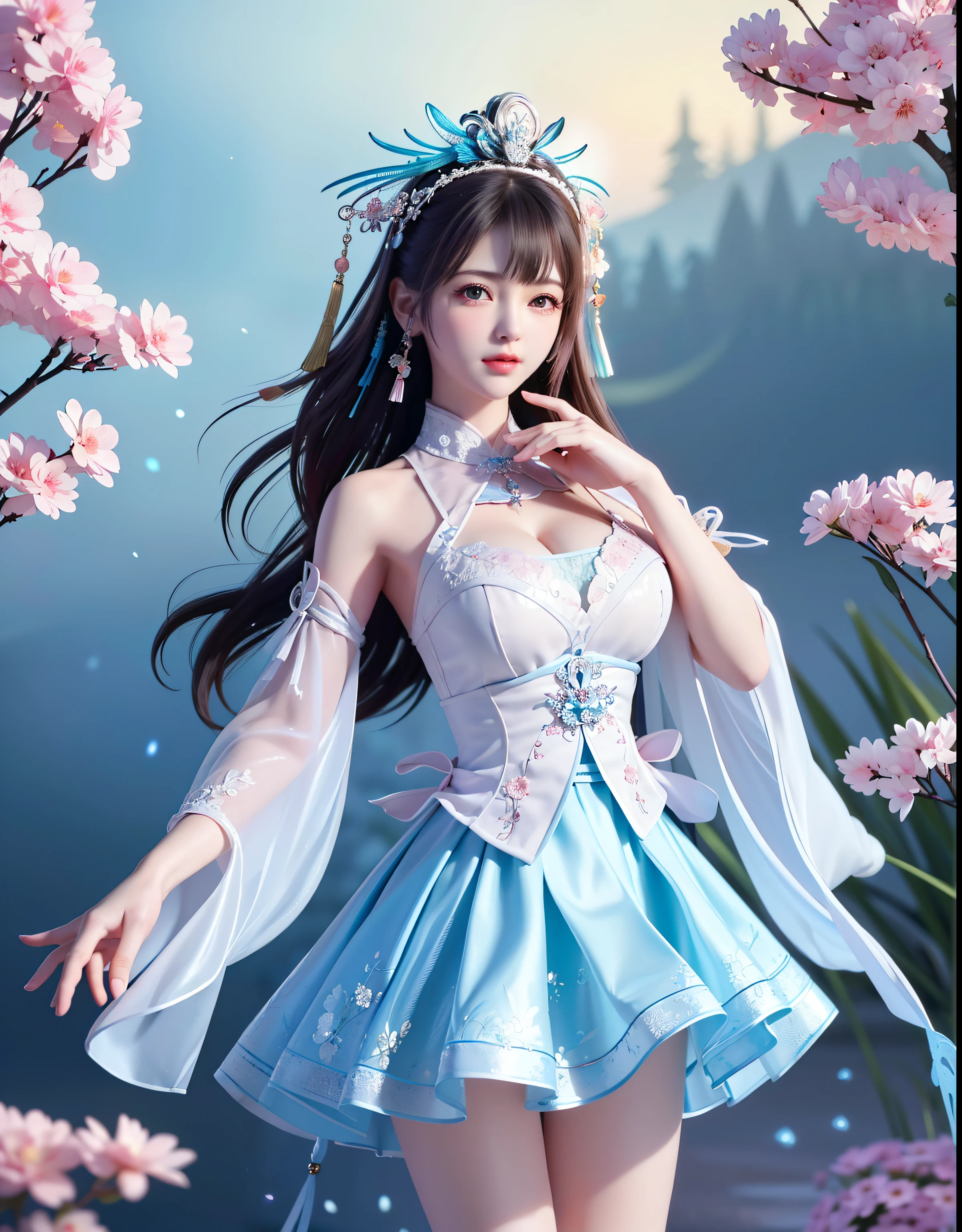 (8k, RAW photo:1.2), best quality, ultra high res,dramatic angle,(fluttered detailed color splashs), (illustration),(((1 girl))),(long hair),(rain:0.9), (Headdress:1.4),There is an ancient palace beside the girl,Hanfu,(Key Points),Color ink painting,(Splash of Color),Splash of Color,(((colorful))),(sketch:0.8) , Masterpiece, best quality, beautiful painted, highly detailed,(denoising:0.6),[splash ink],((ink refraction)), (beautiful detailed sky),moon,highly,detaild,(masterpiece, best quality, extremely detailed） CG Unity 8k Wallpaper，masterpiece，best quality，Ultra Detailed），（Lycoris）.shoulder ballet dress open V-chested clothes Thin silk lace dress short skirt , (huge ，cleavage),, white pink, blue ，best qualtiy，tmasterpiece，Ultra-high resolution，（Reality：1.4），RAW photogr，（True skin texture：1.3），（filmgrain：1.3），（Selfie angle），1个Giant Breast Girl，Beautiful eye and face details，tmasterpiece，Best quality at best，，The chest more exposed， detailed hair, bra pink , detail 8k, full body, lace petticoat, fan handle