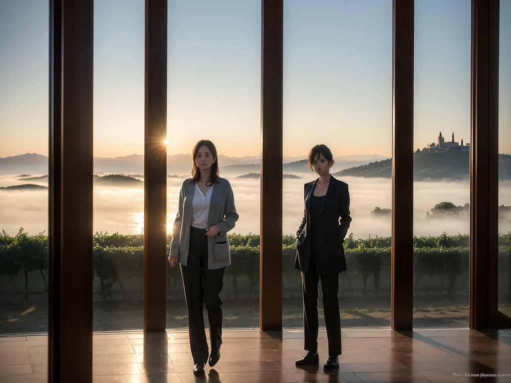 8k best picture quality, Beautiful 36-year-old Korean woman, short and nice weather. Chest size 34 inches, Dense fog at dawn in the Italian countryside, past the vineyard, The cathedral is visible in the fog in the distance., The back background is realistic and vivid image quality, Short and medium hair blowing in the wind, Wearing high-end luxury brand travel clothes, pants and cardigan., a faint smile. the background is clear, Short and slim Korean woman, stand far away, Photo taken with a wide-angle lens, thick fog at dawn