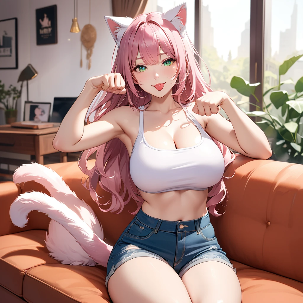 Sexy Posing, (milf, large breasts ,wide hips:1.3), Female, 30 years old, cute, eyeliner, long hair, biting lip smile, tube top, jean shorts, bedroom eyes, catgirl, cat ears, living room background, 8k, (best quality, masterpiece), green eyes, cat tail,  light pink hair, lying down on couch. , (paw pose, tongue out:1.4)