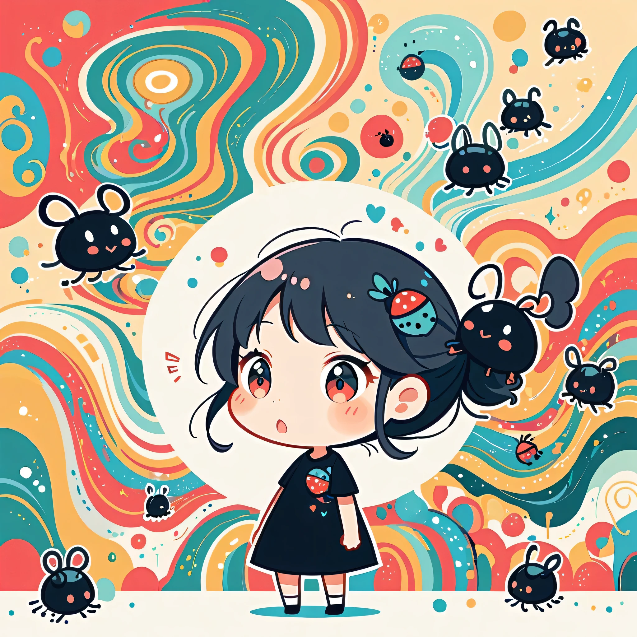 Black Star Red and White style, Standing in front of a high wall,Simple Line Initialism,Abstract art,Urban Background, (((The most beautiful girl))), (((chibi))), Cute and colorful pillbugs,