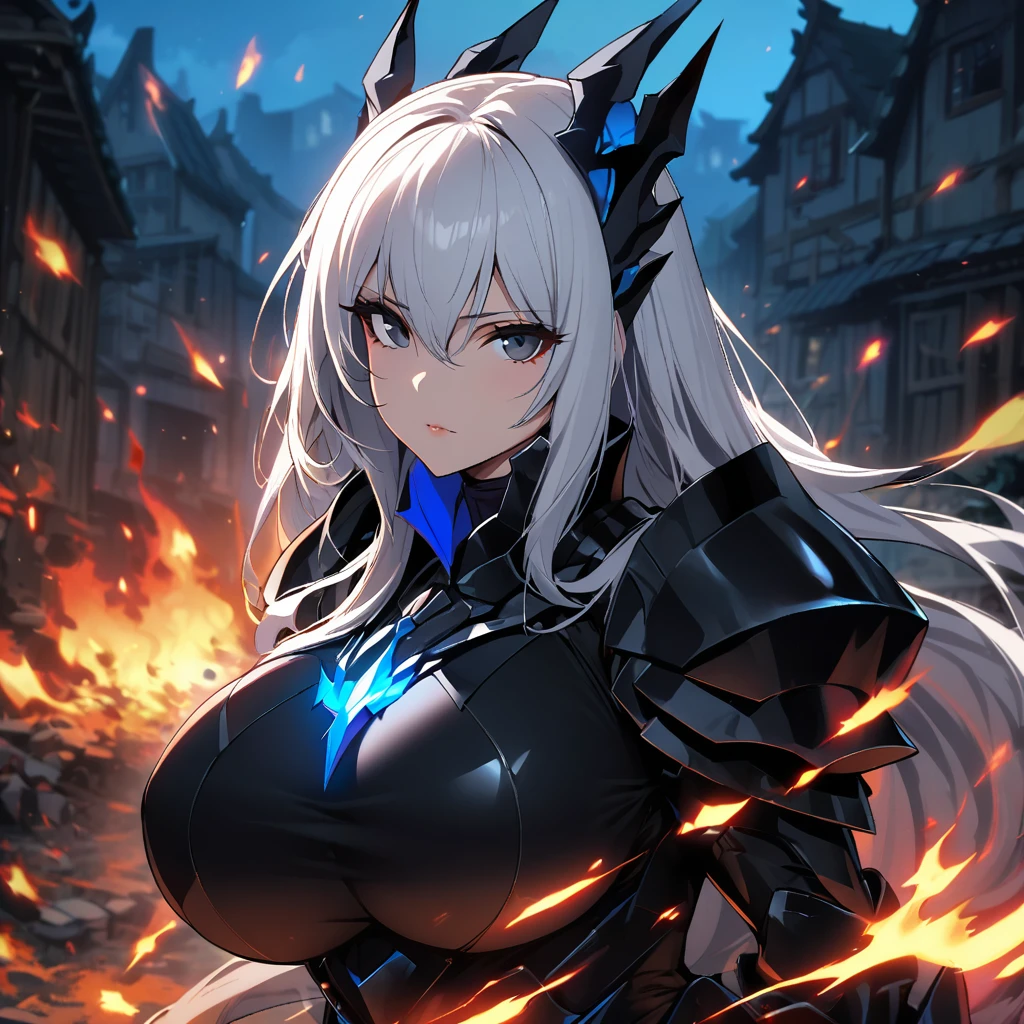 1girl,solo,long hair,white hair color,Jet-black eyes color,lip,super huge breasts,expressionless,Jet-black armor,breasts restrained by armor,fall into darkness,darkness knight,dark sword,burst into flames,dark flame,blue flame,looking at viewer,intent to murder,a contemptuous glance,night,village that was burned to the ground