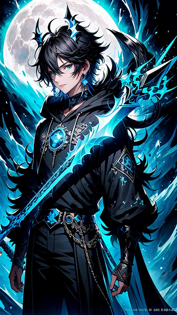 (masterpiece:1.2、highest quality), (Exquisite eyes: 1.2), (Detailed Background、Dark fantasy), (beauty detailed face), High Contrast, (Best lighting、Very delicate and beauty), ((Cinema Lighting) )), colorful, Hyper Detail, Dramatic Light, Intricate details, (1 teen boy, scruffy black hair, bangs, Blue eyes, moon, dark night, long earrings, black hoodie, blue demon horns, blue great sword on the back, looking at viewer, upper body), Black light swirling around the character, Depth of written boundary, black light particles, Nightcore, Spectacular anime style, zerochan art, Anime Wallpaper, Burning, High quality anime art style, Key Anime Art