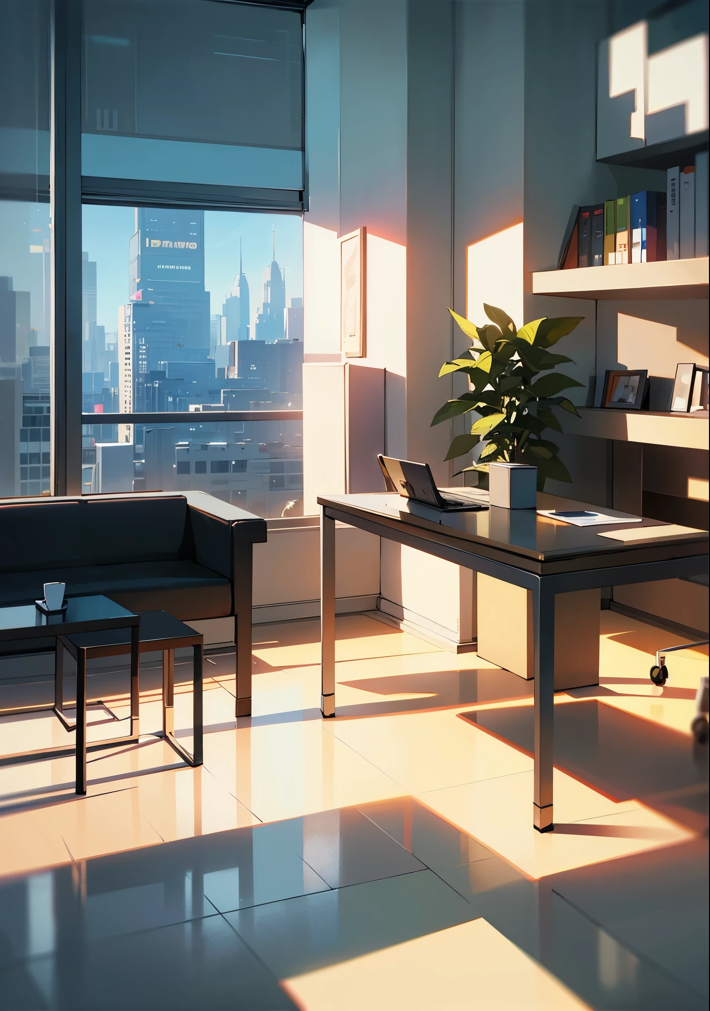 office, The office of the future, futuristic design, large desk, wall with paintings and diplomas, Glossy floor, hlLarge spacious windows, outside the window you can see a futuristic city with multi-story office buildings, starships fly, 16 thousand. ue5. Ultra slim, 8 k, HDR, product photography, depth of field, Nikon D850, Ultra realistic, no contrast, pure sharp focus, professional, There is no blur, Bright office, Light shades, view from the floor, even more modern, office from the future, luxurious executive office