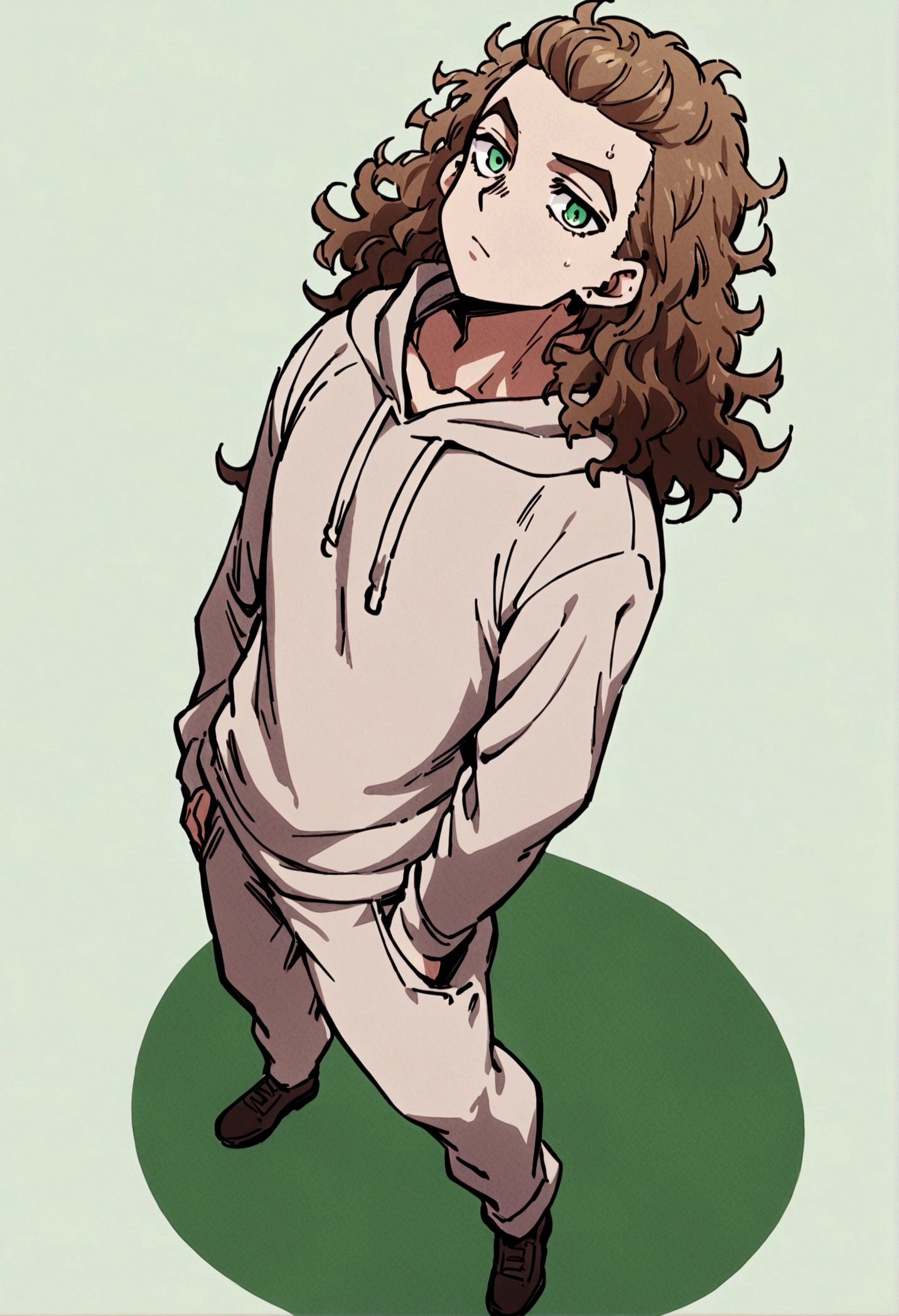 fullbody,masterpiece,standing,light brown hoodie,dark brown short unruly hair,green eyes,(frizzy bangs),adult,1boy,solo,light stuble,slight beard,slim,