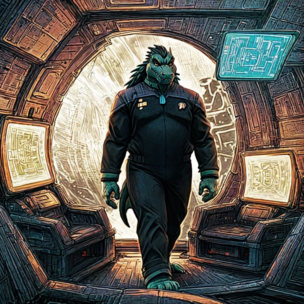 (((Barefoot scaley character, full body, cinematic setting, furry male, plantigrade))) 
Doctor (((kingkrool))), crocodile, green skin, reptile, gold bracelets, scales, bloodshot eye, fat, obese,
exudes confidence and authority, wears star trek DS9 doctor teal uniform, ((ds9st, black and grey star trek uniform, grey shoulders, teal neck, black jumpsuit, black pants)) dynamic pose, holding medical tricorder
((starship interior with many screens and consoles)), futuristic look, metalic, bright colors
BREAK, intricate details, highly detailed, extreme detail, octane render, fine art, best quality, highres, (detailed face:1.5), ((full_body)), UHD, (((perfect hands))), ((low light:1.5))