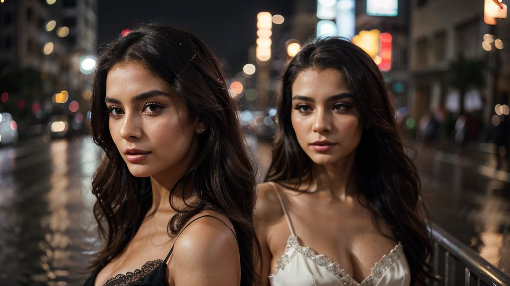 ultra-realistic, ultra-detailed photography taken on Canon, Photorealistic portrait of an elegant Colombian model 25 years old, adorned with flowing dark hair and dressed in a sophisticated evening gown that accentuates her natural grace. The image captures her amidst the bustling city lights on a rainy evening, blending dramatic makeup with a serene expression, evoking a sense of urban mystique and timeless beauty.
