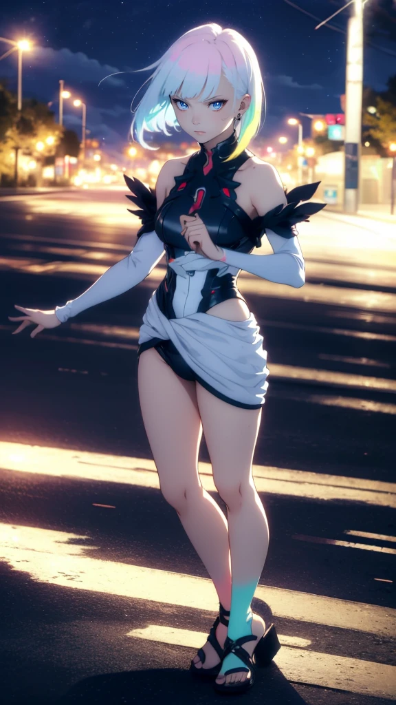 Masterpiece, best quality, 16k resolution, NVIDIA RTX Ray Tracing technology, Create a 4K resolution, ultra-realistic, and extremely detailed artwork, award winning, retina, soft light, sharp focus.(hyper-realistic:1.4), (full body:1.5), (Night, night time:1.4), from above
cyberpunklucy, lucy, short hair, bangs, blue eyes, blue hair, multicolored hair, makeup, (multicolored eyes:1.3), smile, model pose, modeling
BREAK bare hips, White ????????, Earrings, sandals, off-shoulder open, Sensual Body, Large Breasts, Thick Thighs, Sexy Legs,
BREAK outdoors, city, moon, night, sky, clouds,
sexy, Sexy, smooth perfect skin, smooth_skin
Beautiful、(red blush)、Sexy
FULL BODY SHOT, ultra wide angle, textured skin, face detail, clean skin, perfect hands, perfect anatomy, anatomically correct,
(Realistic park:1.3)