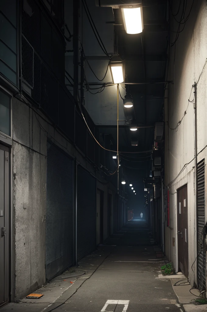 night、Factory corridor、真night中、dark、concrete、American style、Wire Mesh,An illustration、background