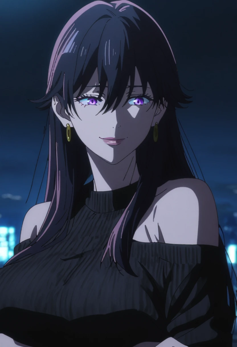 1girl, female gojo satoru, anime screencap from jujutsu kaisen, gojo satoru female version, solo, long_hair, purple eyes (black_hair)), night view, (hanging breasts) upper_body, smile, purple_eyes, lips, ((wearing black colour sweater, bare shoulder)) breast, "very detailed and high resolution" (purple eyes) ((cross arms)) ((long hair, hair between eyes)) ((solo)) (front view) (earings) ((high resolution)) ((good quality))