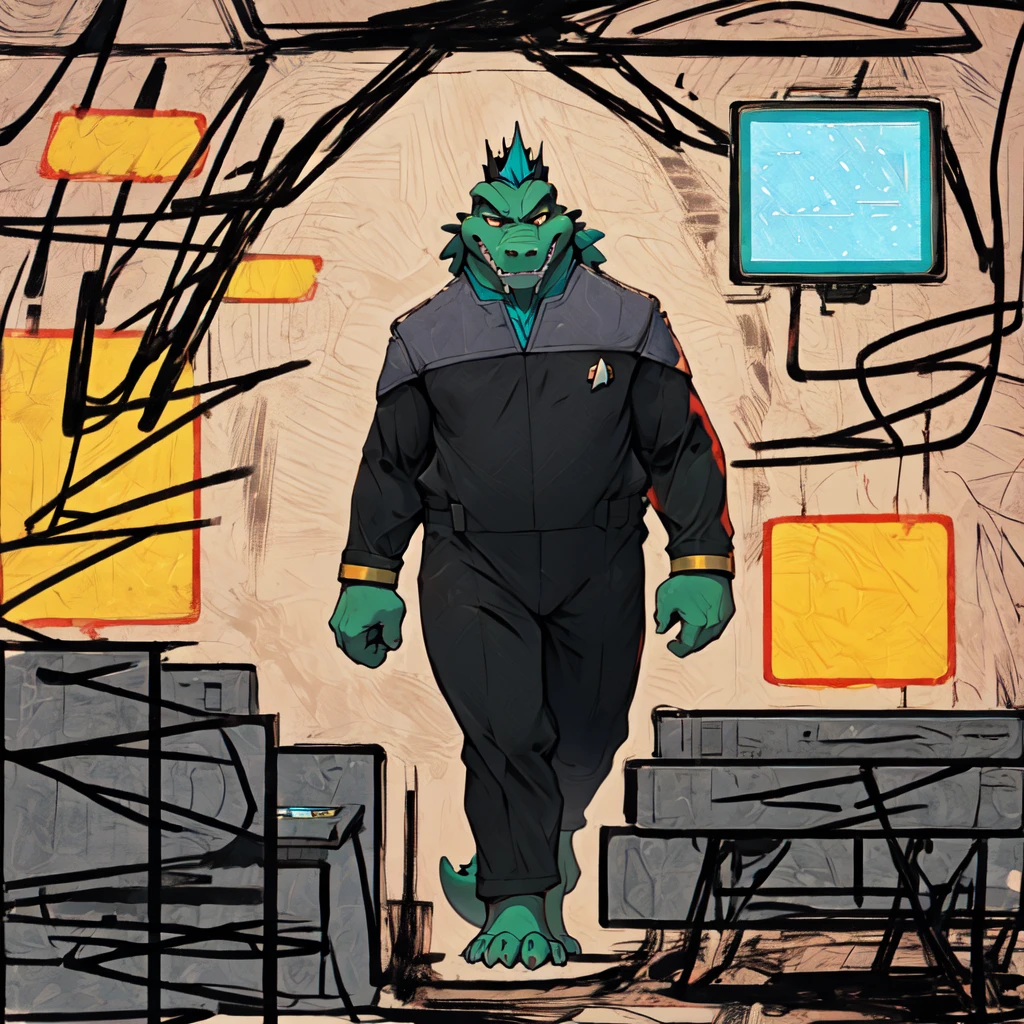 (((Barefoot scaley character, full body, cinematic setting, furry male, plantigrade))) 
Doctor (((kingkrool))), crocodile, green skin, reptile, gold bracelets, scales, bloodshot eye, fat, obese,
exudes confidence and authority, wears star trek DS9 doctor teal uniform, ((ds9st, black and grey star trek uniform, grey shoulders, teal neck, black jumpsuit, black pants)) dynamic pose, holding medical tricorder
((starship interior with many screens and consoles)), futuristic look, metalic, bright colors
BREAK, intricate details, highly detailed, extreme detail, octane render, fine art, best quality, highres, (detailed face:1.5), ((full_body)), UHD, (((perfect hands))), ((low light:1.5))