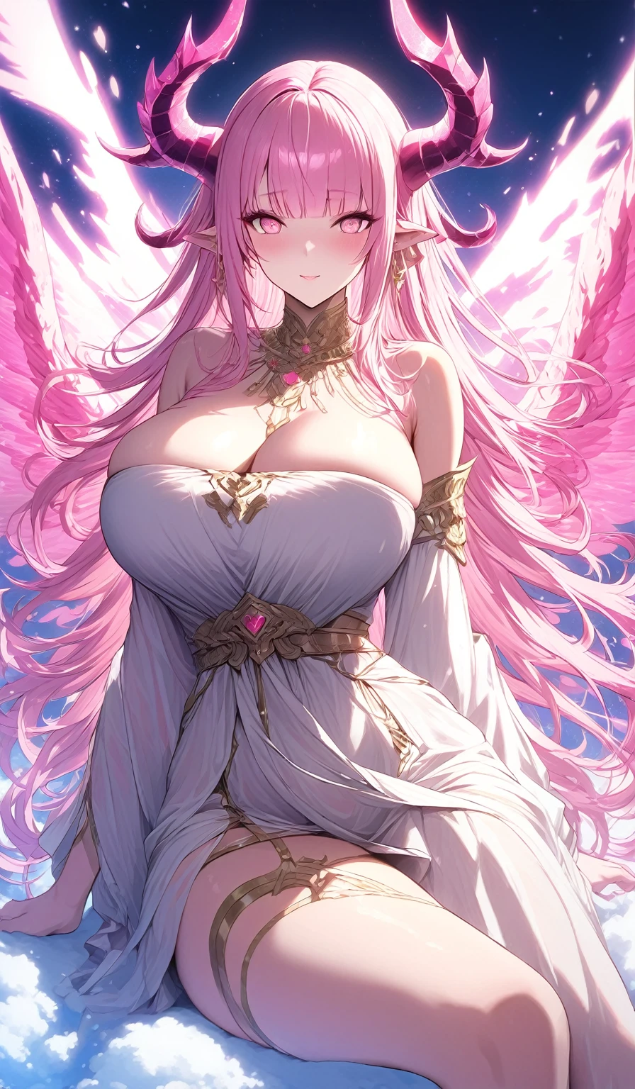 Masterpiece, Very detailed, Ultra-detailed, One, female goddess, beautiful woman, Beautiful woman - pleasant skin, Long pink hair and bangs on the sides, bright pink eyes, With 2 thin pink demonic horns and pink wings of Seraphim, and women's Greek clothes, with huge breasts, lush and soft body, light hearts and an aura of love around her, and she sits on a cloud