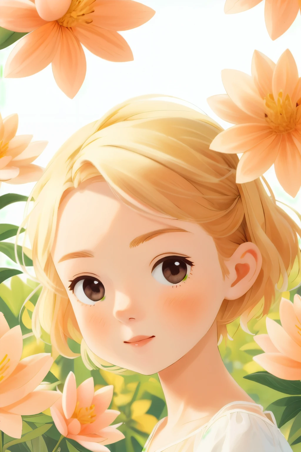 Fond naturel avec une jeune fille aux cheveux blonds, brown eyes and peach complexion surrounded by flowers