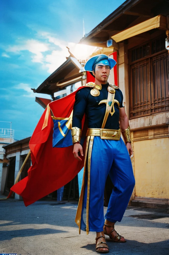 Thai super hero look like Thor but low budget retro version 1955's the costume a DIY, homemade using low-budget Lomo film style making tricks to create striking visual effects, particularly with regard to lighting.
