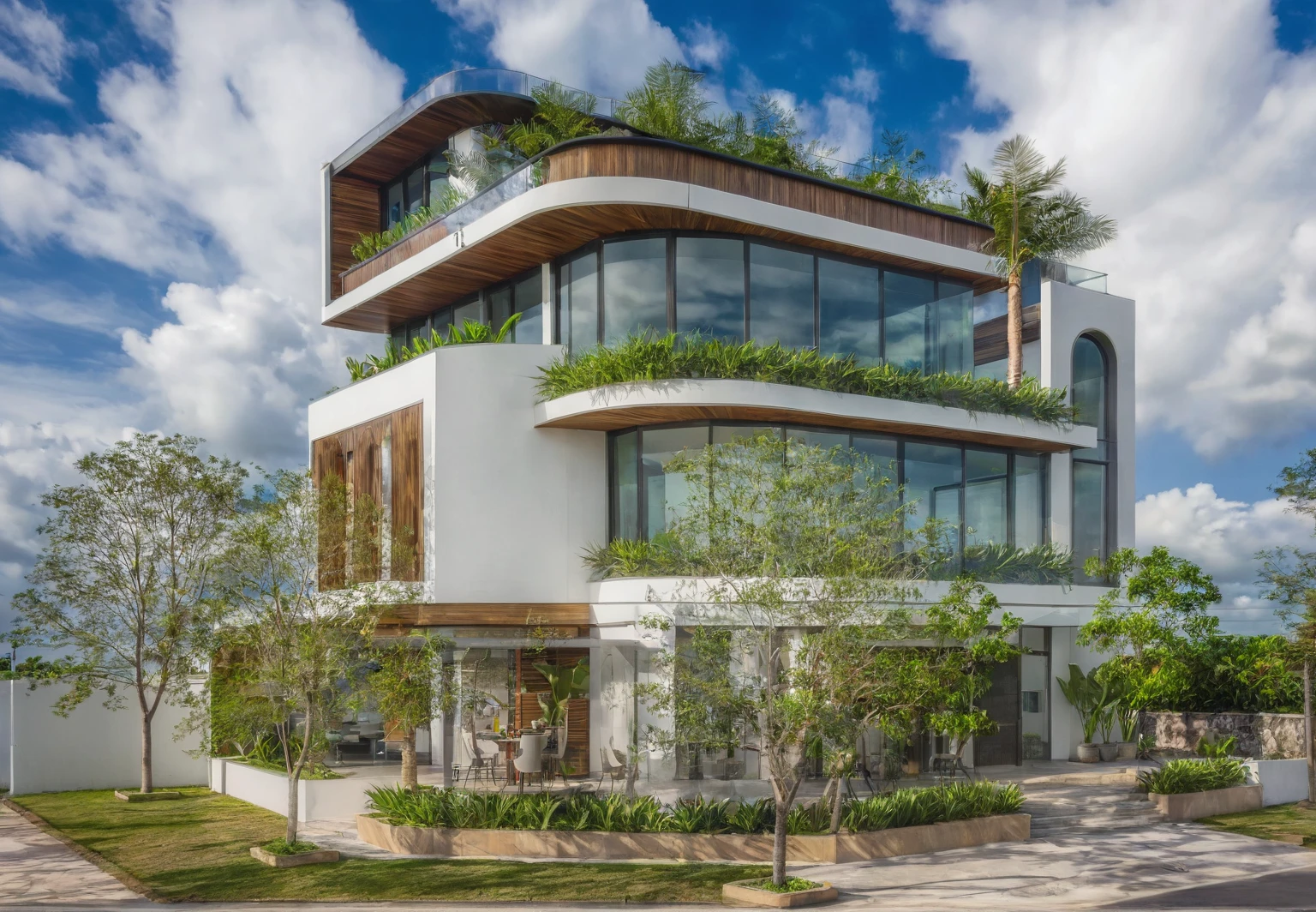 exterior house, contemporary style, white wall, wood wall, steel door, glass window, (realistic:1.2), Masterpiece, high quality, best quality, authentic, super detail, outdoors,road, trees, sky, cloud, (daylight:1.1), modern luxury villa, coconut trees, landscape, along the white beach, clear sky, day time, warm lighting RAW Photo, RAW texture, Super Realistic, 32K UHD, DSLR, soft lighting, high quality, film rating, Fujifilm XT3,Modern, Residential Architecture,  car in front of house
