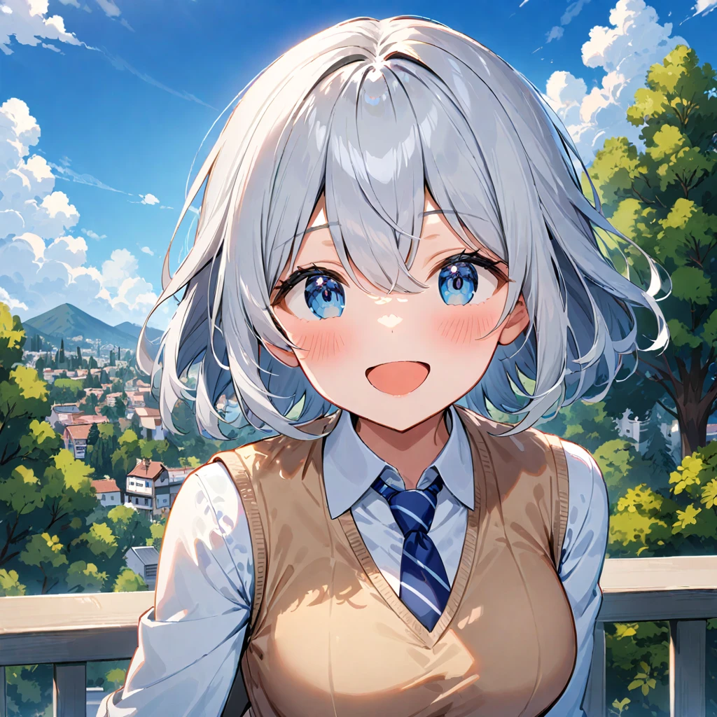 1girl, solo, blue eyes, looking at viewer, outdoors, smile, necktie, open mouth, shirt, white shirt, blush, sky, upper body, blue necktie, cloud, collared shirt, bangs, day, sweater vest, :d, vest, , blue sky, hair between eyes, medium hair, grey hair, white hair, breasts, railing, short hair, tree, striped necktie, ((medium quality)), ((medium quality))