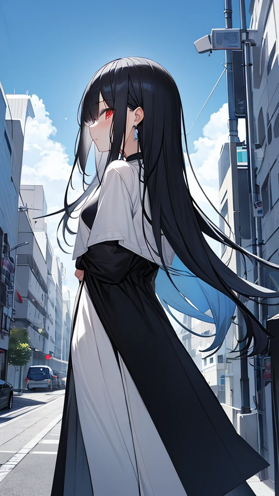 monochrome color, Blue Art, grayscales、masterpiece、top-quality、Top image quality、straight haired、Hanging eyes、kawaii、A darK-haired、red eyes、the wind、Buildings,turn around,profile