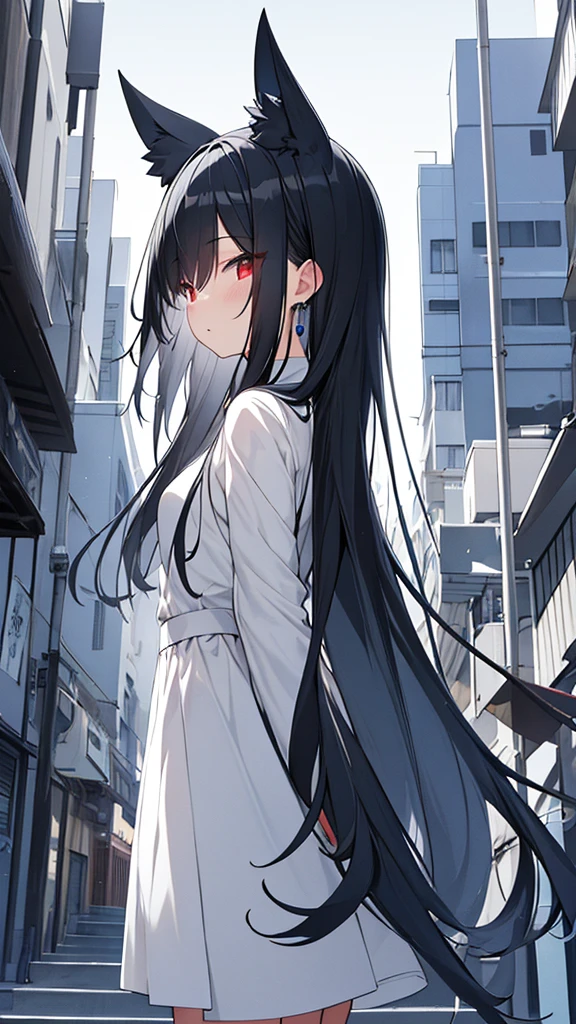 monochrome color, Blue Art, grayscales、masterpiece、top-quality、Top image quality、straight haired、Hanging eyes、kawaii、A darK-haired、red eyes、the wind、Buildings,turn around,profile