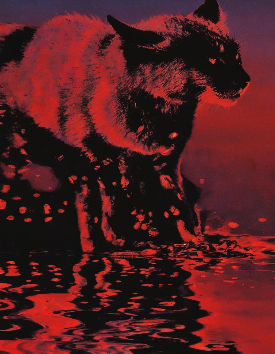 cat in water, red sunset background