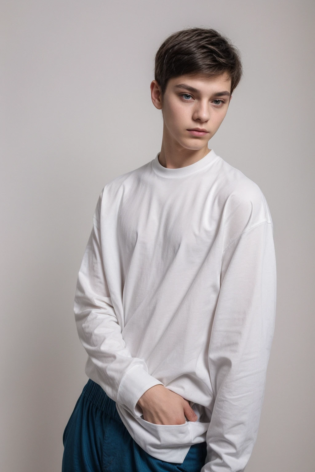 A beautiful young male twink with black hair and a white face with makeup. He is wearing a long-sleeved shirt, a tight-fitting brown shirt, aqua blue pants, and a white background.