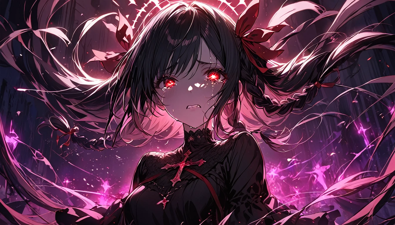 1 Girl ,(The Great Stigmata) , an abandoned church, Bloody Rosary , (Floating Hair, Floating skirt), ((Bloodbath)),From the side, Character Focus, ((Black light)),((Dim lighting)), Cinema Lighting ,(darkness), (Concept Art), ((Rape face)) ,Black and long straight hair, Black Hair, Braid hairstyles, Long, straight pigtails, Hair Ribbon , red eye color, Black Dress, (glowing eye), High resolution,(Incredibly absurd) ,Highly detailed CG Unity 8k wallpaper, ((masterpiece)), ((Highest quality)), (Beautiful illustrations), ((Very delicate and beautiful)), (masterpiece, Highest quality, ultra High resolution), 1 Girl, Black T-shirt, Black Hair, Pale skin, Black Crown, red eye, bright_eye, neon eye, ultra detailed eye, Beautiful and elaborate face, detailed eye, (Centered, body), (tears), (Wide Shot:0.9), Facing the audience, eyeの高さ