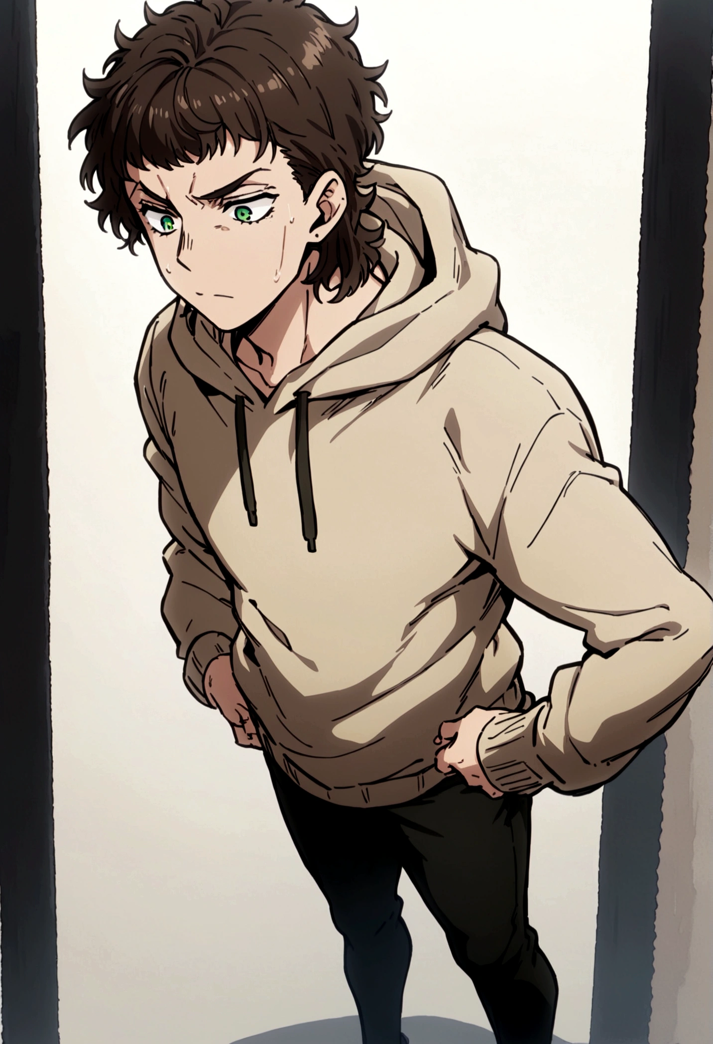 fullbody,masterpiece,standing,light brown hoodie,dark brown short hair,green eyes,(frizzy bangs),adult,1boy,solo,light stuble,slight beard,slim,