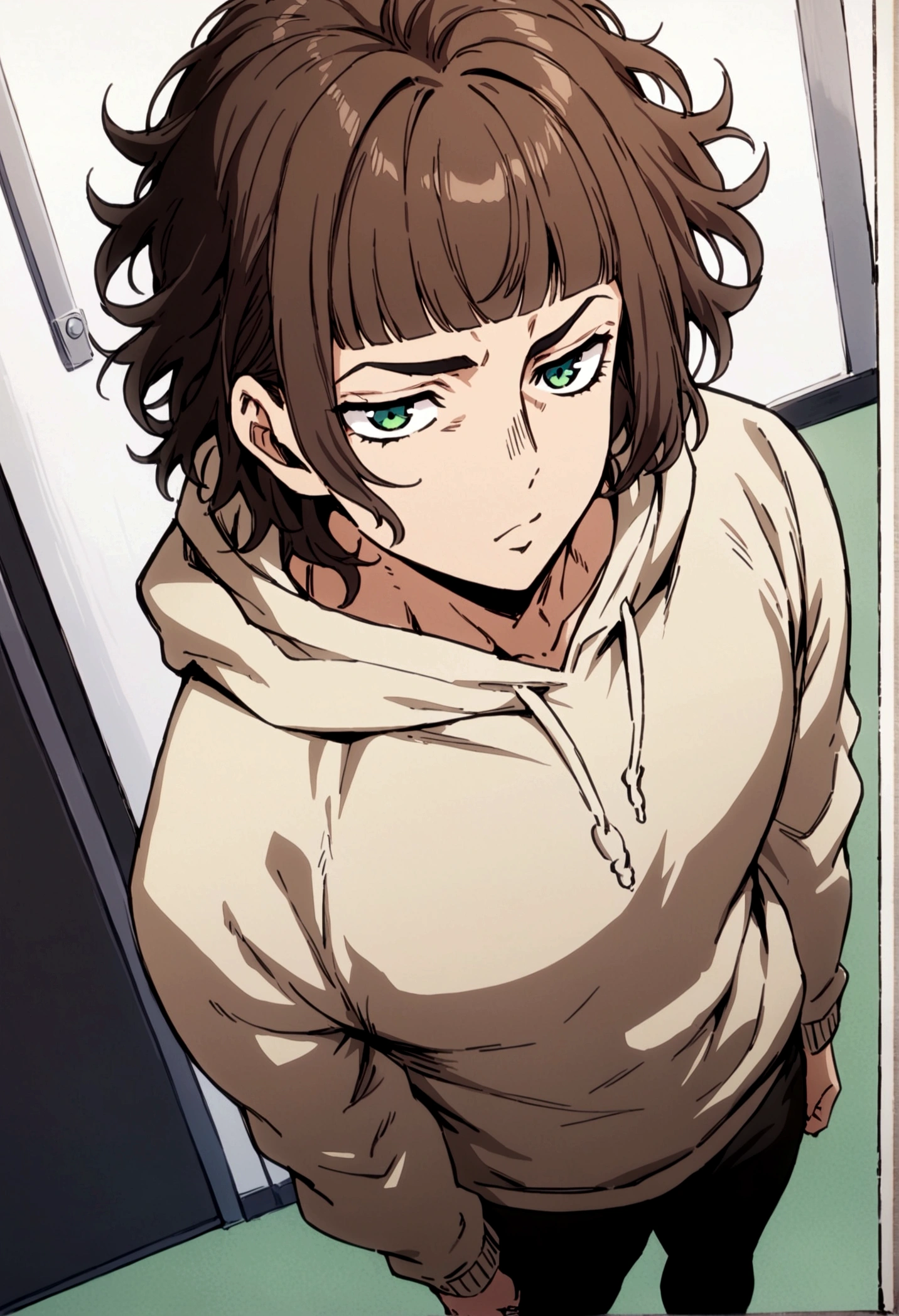 fullbody,masterpiece,standing,light brown hoodie,dark brown short hair,green eyes,(frizzy bangs),adult,1boy,solo,light stuble,slight beard,slim,