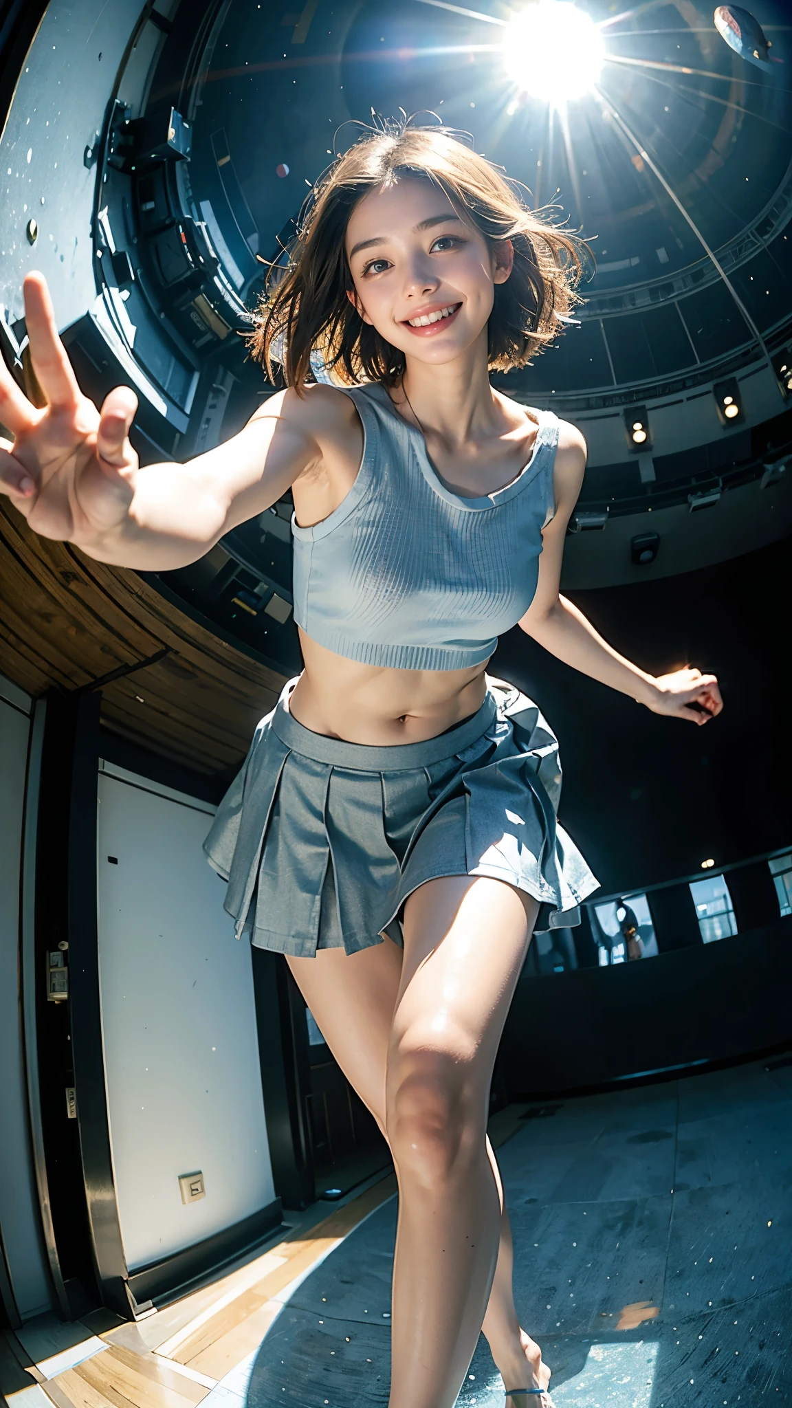Highest quality, masterpiece, Ultra-high resolution,8K, (Realistic:1.6), (Selfie Portrait) RAW Photos, 1 Girl,(Full of smiles, Showing teeth)), 22 years old,((Belly button fashion)),((Long skirt uniform)),((short hair)),((Looking up at the audience)),Face Focus:1.4,((Shooting from below with a fisheye lens:1.2)),((Background of the sun shining in the blue sky)), ((Beautiful leg lines)),((Smiling with teeth showing)),