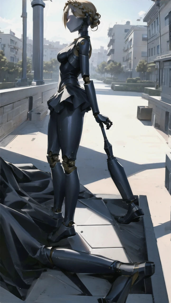 (robot:1.2), masterpiece, best quality, detailed, 1girl, hair, looking at viewer, (top:1.4), (mini skirt:1.3), city, people, arms behind back, sunny sky, house, street, cafe