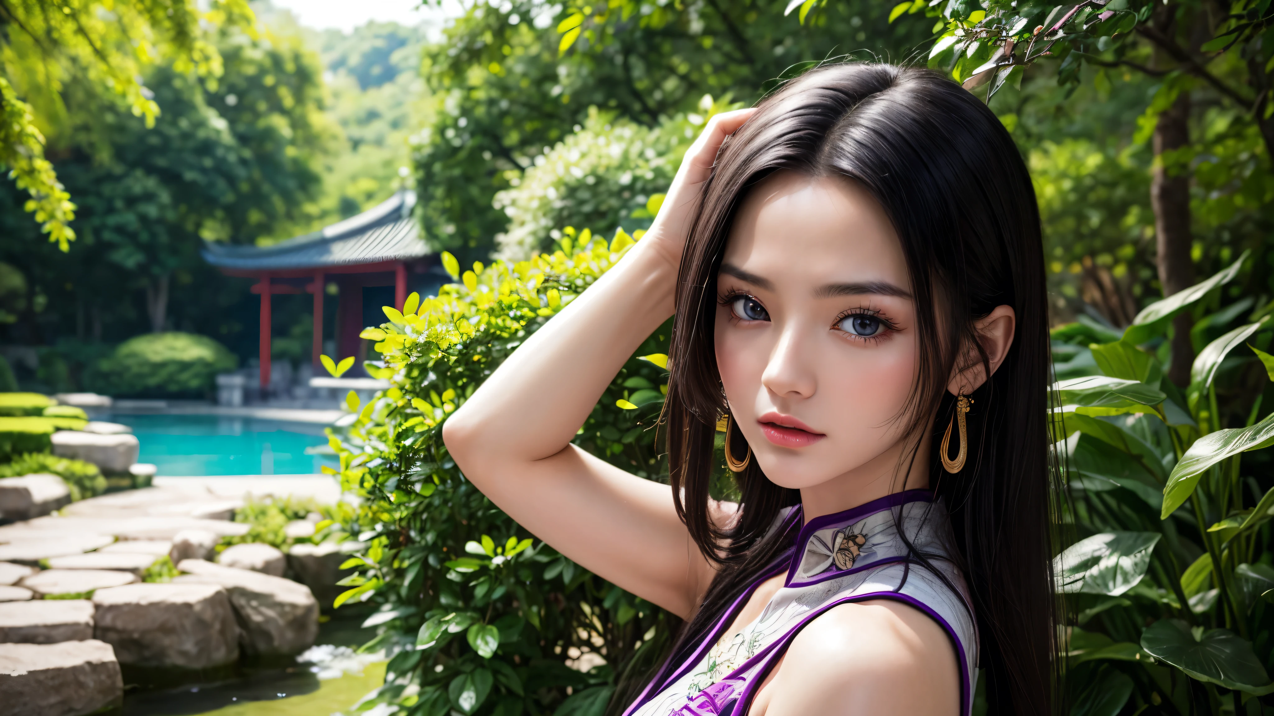 masterpiece, best quality, extremely detailed, hyperrealistic, photorealistic, a beautiful chinese model, ultra detailed face:1.2, plain purple sleeveless cheongsam:1.2, black hair, japanese style garden, fashion model posing, serene
