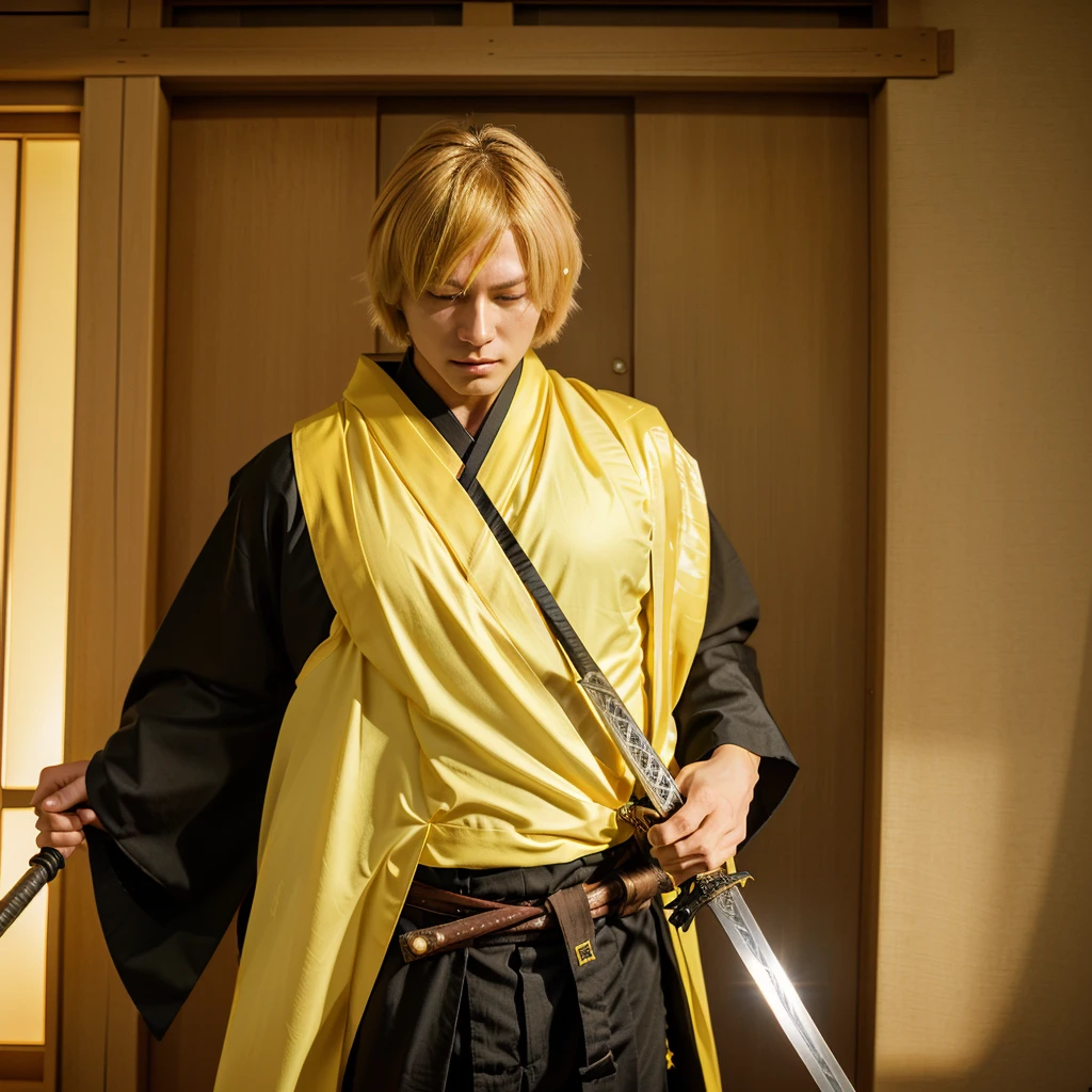 realistic 80 film anime character holding a sword, demon slayer realistic character, anime character holding a sword falling , falling into a void composed of shoji Japanese castle loop indoor structure doors, he is very focused, with half-closed eyes, devoid of emotions, wearing a yellow-orange cloak with small white triangular parts . pants black, black kimono under, katana luminescent sword with yellow edge of the katana, yellow blonde, bob haircut, eyes, Blonde eyebrows, 18 yers old