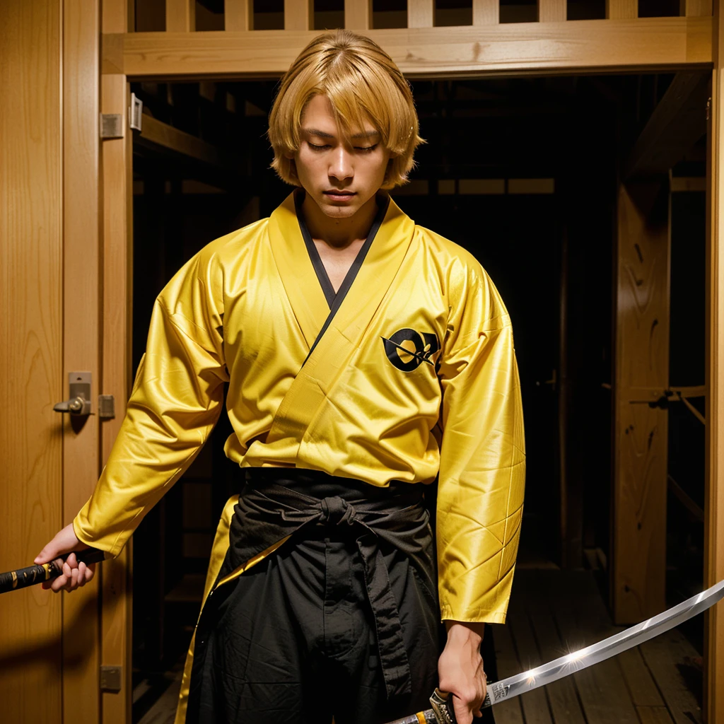 realistic 80 film anime character holding a sword, demon slayer realistic character, anime character holding a sword falling , falling into a void composed of shoji Japanese castle loop indoor structure doors, he is very focused, with half-closed eyes, devoid of emotions, wearing a yellow-orange cloak with small white triangular parts . pants black, black kimono under,  katana luminescent sword with yellow edge of the katana, yellow blonde, bob haircut, eyes, Blonde eyebrows, 18 yers old