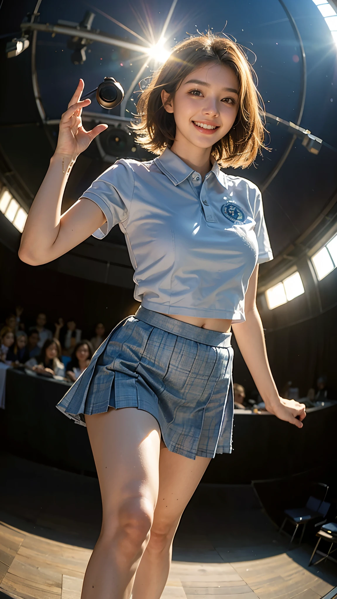 Highest quality, masterpiece, Ultra-high resolution,8K, (Realistic:1.6), (Selfie Portrait) RAW Photos, 1 Girl,(Full of smiles, Showing teeth)), 22 years old,((Belly button fashion)),((Long skirt uniform)),((short hair)),((Looking up at the audience)),Face Focus:1.4,((Shooting from below with a fisheye lens:1.2)),((Background of the sun shining in the blue sky)), ((Beautiful leg lines)),((Smiling with teeth showing)),