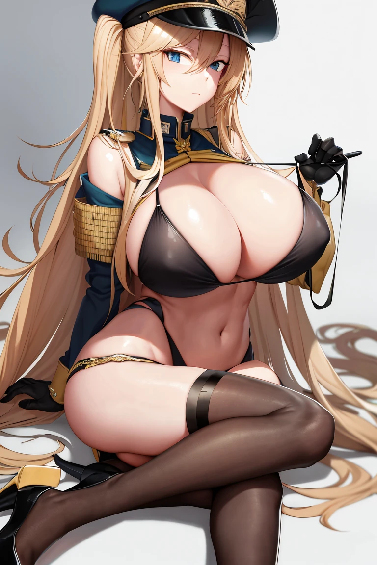 A woman,Long blond hair,Put on a military cap,Wearing a black bikini,Long legs,Nipple protrusion,Twenties,exposed,Black high heels,Huge breasts,超级Huge breasts,permanent
