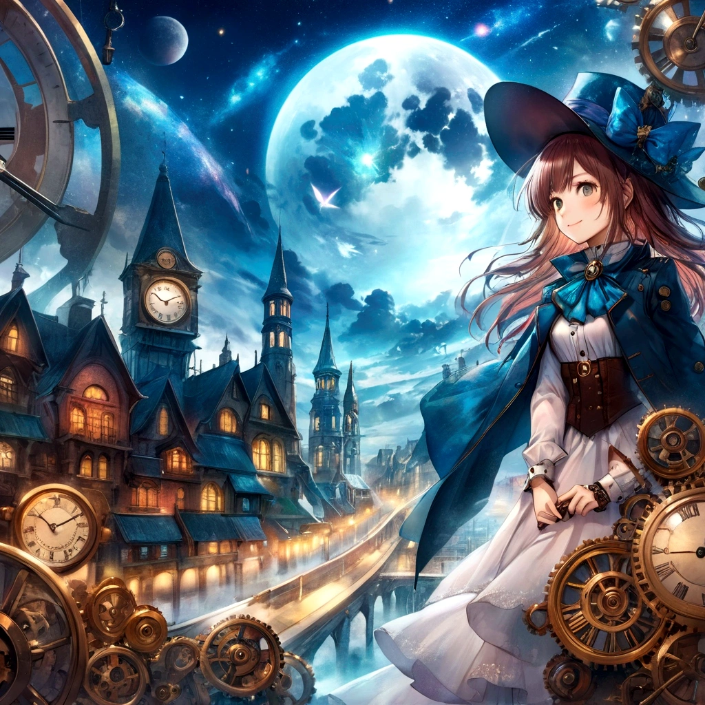 anime smiling girl in a hat and dress standing in front of a clock tower, anime fantasy artwork, anime fantasy illustration, mechanized witch girl, steampunk beautiful anime woman, detailed key anime art, beautiful fantasy anime, hd anime wallaper, dreampunk romanticism artwork, anime art wallpaper 4k, anime art wallpaper 4 k, intricate ornate anime cgi style, detailed steampunk illustration