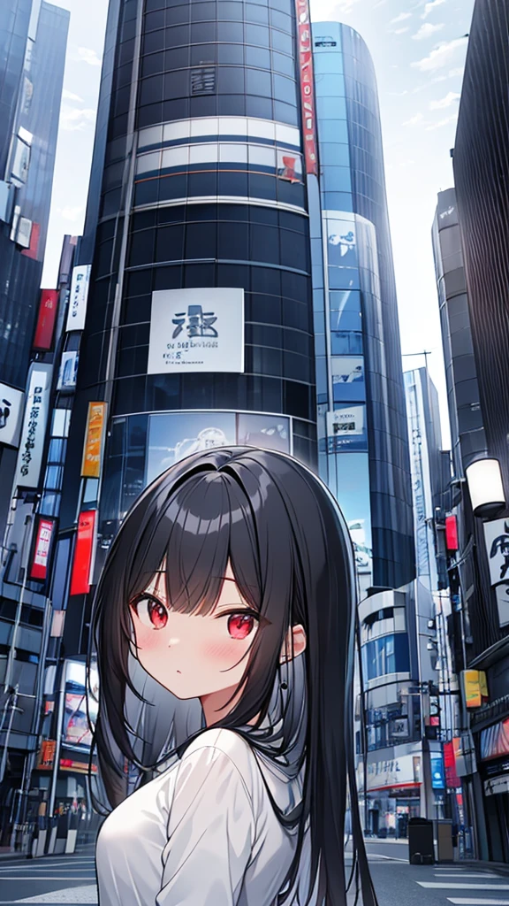 monochrome color, Blue Art, grayscales、​masterpiece、top-quality、Top image quality、straight haired、Hanging eyes、kawaii、A darK-haired、red eyes、the wind、Buildings,turn around,Tokyo