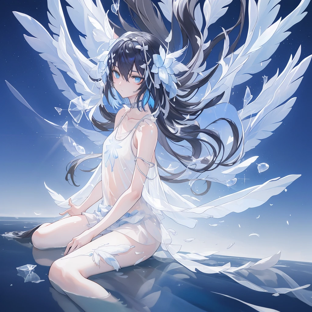 ((A long shot)) of a black haired anime girl, (sitting near a (river), ((strong sunlight)), cinematic light, slim body, skin is perfectly healthy, soft, and smooth, Extremely delicate and beautiful CG illustration, best quality, high resolution, dynamic angle, full-length lens, (1 girl), floating, soft light, high-key lighting), glowing light, blue halo, feathers fluttering background, blue crystal, (((wearing nothing but a white (pure) (transparent) tank top))), ((very cinematic))