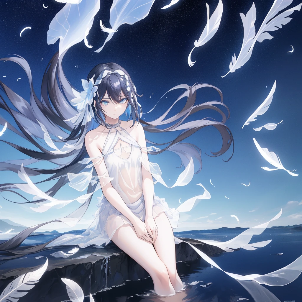 ((A long shot)) of a black haired anime teen girl, (sitting near a (river), ((strong sunlight)), cinematic light, slim body, skin is perfectly healthy, soft, and smooth, Extremely delicate and beautiful CG illustration, best quality, high resolution, dynamic angle, full-length lens, (1 girl), floating, soft light, high-key lighting), glowing light, blue halo, feathers fluttering background, blue crystal, (((wearing nothing but a white (pure) (transparent) tank top))), ((very cinematic))