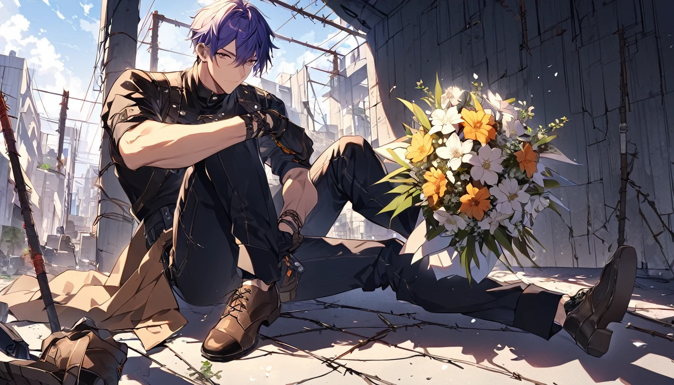 male angel sitting on rebar、Esbian all over、Holding a bouquet、feet、shoes、Leather shoess、pants