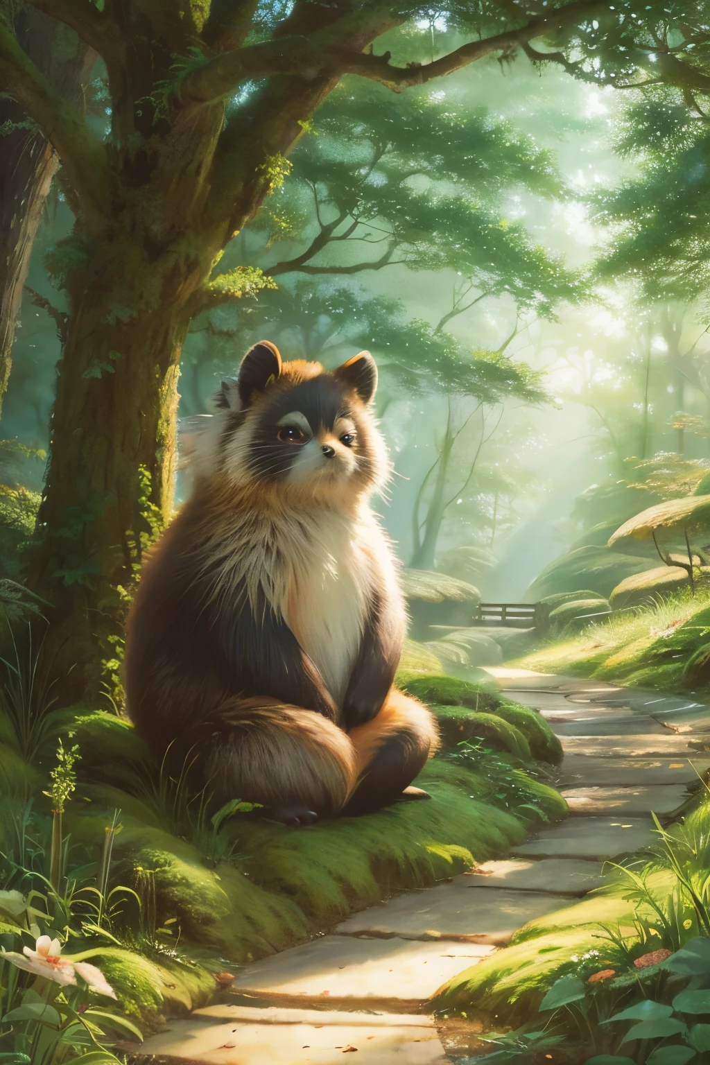 Tanuki lost in the forest Fantasy Picture book style Pastel drawing