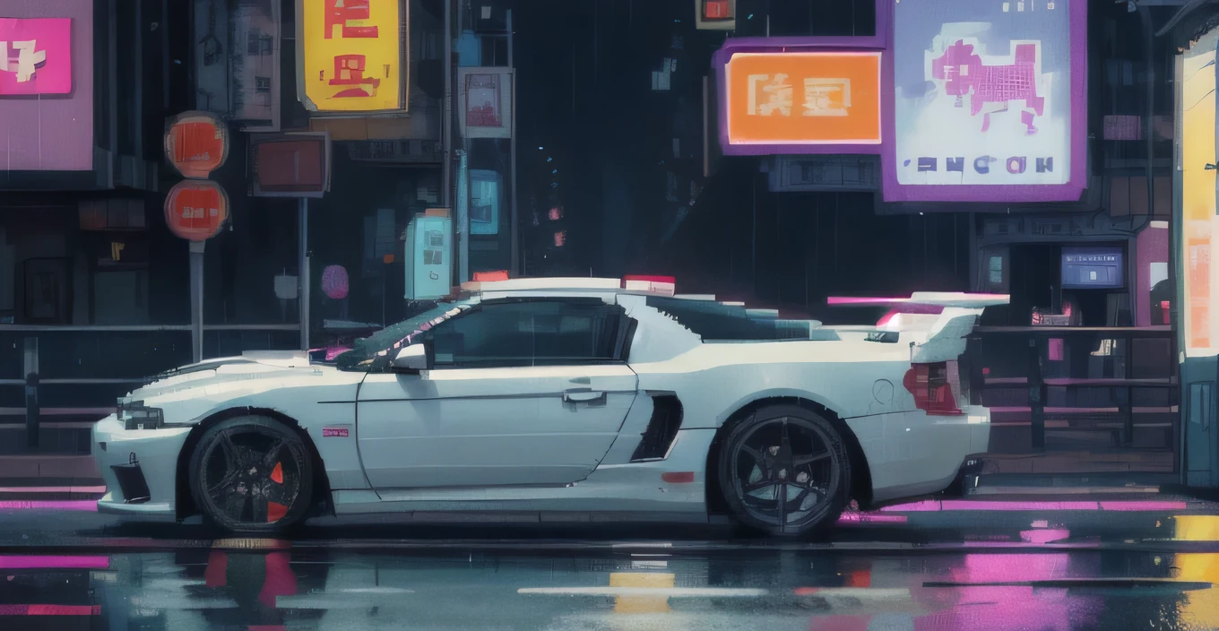 (Pixel Art_1.1),a night,street,Kitty,Small pond,rain,neon light,Hong Kong,cyberpuny,White, white car