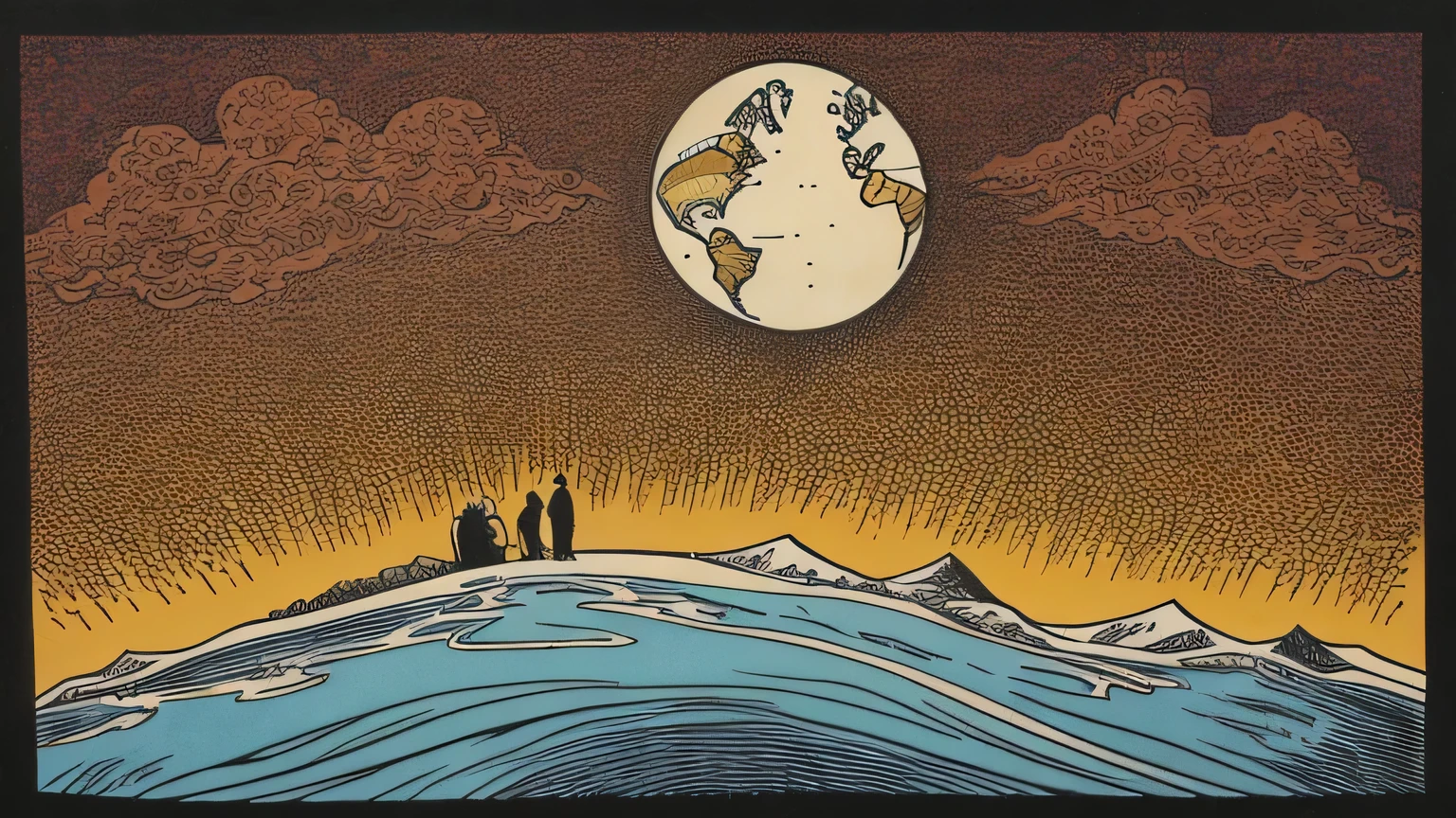 Pen and ink, An illustration:Hergé, Background space and earth. A  forever alone. separation.