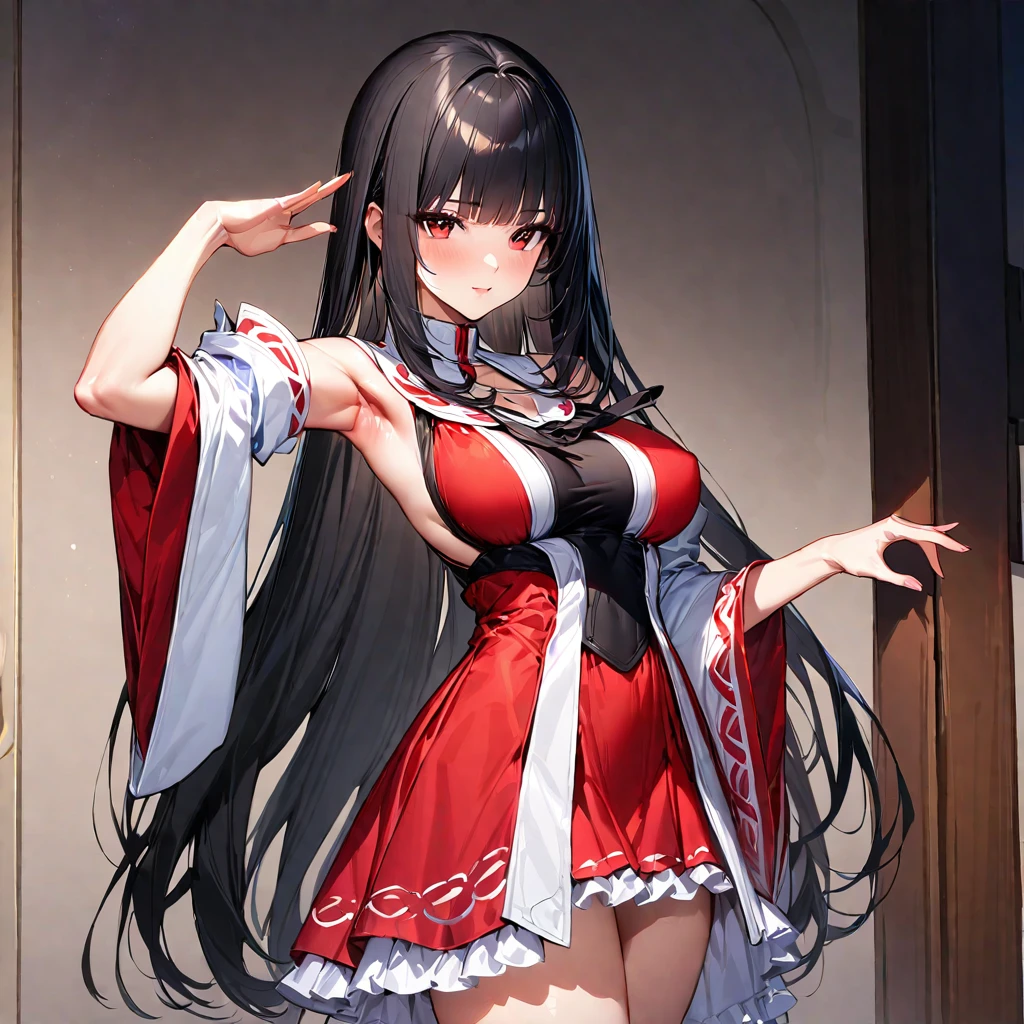 (masterpiece),(Highest quality),(Super detailed),(Best illustrations),(so beautiful), Perfect Face, Perfect hands, Perfect Fingers, hanging breasts, so beautiful長い脚, Black Hair, Red eyes, Long Hair, hime_cut, Removable sleeves, skirt, Frills, red skirt, Wide sleeves, Red Shirt, frilled skirt,Sleeves edged with ribbon, Frillsシャツの襟, Bare shoulders, skirt, Non-traditional Shrine Maiden, holding weapon, katana, armpits,