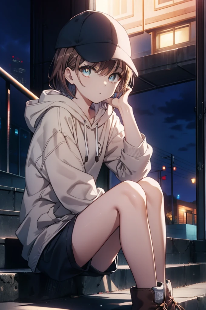 Mycotrose, Brown eyes,Brown Hair,short hair,Small breasts,Oversized black hoodie,Baseball hats,Shorts,boots,Both hands are in the pockets of the hoodie,Sitting on the stairs,night,moonlight,whole bodyがイラストに入るように,　　　　　　　　　　　　　　　　　 　　　break looking at viewer, whole body,　　　 　　　　　　break outdoors, Building district,　　　　　　　　　　　　　　　　　　break (masterpiece:1.2), Highest quality, High resolution, unity 8k wallpaper, (shape:0.8), (Beautiful and beautiful eyes:1.6), Highly detailed face, Perfect lighting, Highly detailed CG, (Perfect hands, Perfect Anatomy),