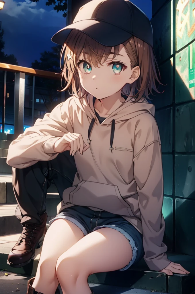 Mycotrose, Brown eyes,Brown Hair,short hair,Small breasts,Oversized black hoodie,Baseball hats,Shorts,boots,Both hands are in the pockets of the hoodie,Sitting on the stairs,night,moonlight,whole bodyがイラストに入るように, break looking at viewer, whole body, break outdoors, Building district, break (masterpiece:1.2), Highest quality, High resolution, unity 8k wallpaper, (shape:0.8), (Beautiful and beautiful eyes:1.6), Highly detailed face, Perfect lighting, Highly detailed CG, (Perfect hands, Perfect Anatomy),