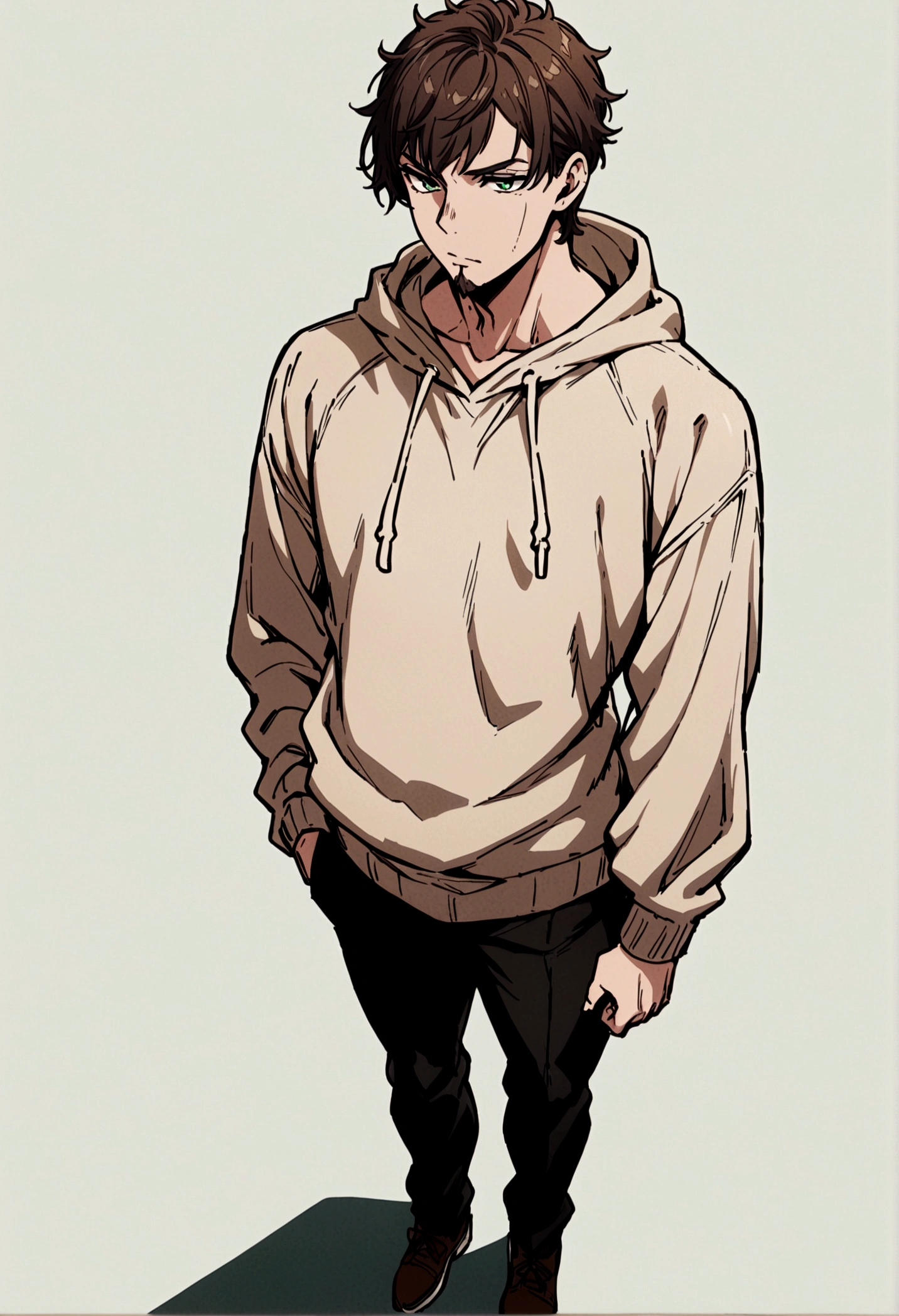 fullbody,masterpiece,standing,light brown hoodie,dark brown short hair,green eyes,(bangs),adult,1boy,solo,light stuble,slight beard,slim,