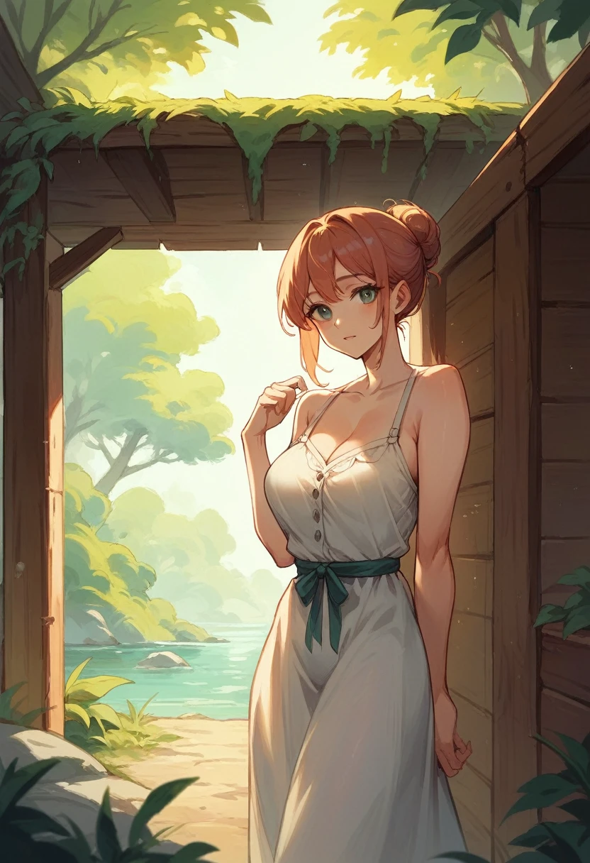 A beautiful woman,Light shines through her hair, Her summer dress is beautiful,She stood in front of the hut