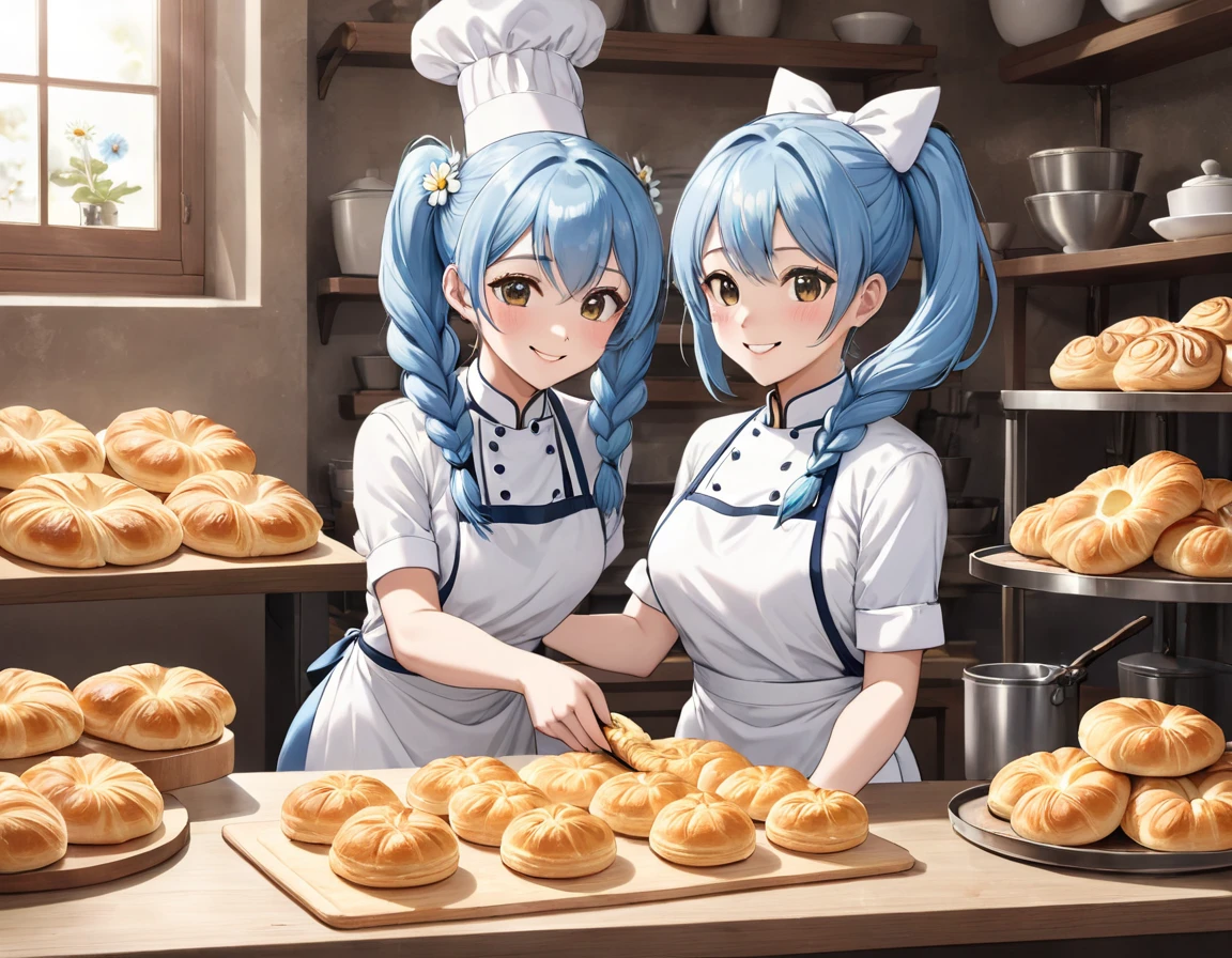 A bakery decorated with daisies in the sunlight、Baker making perfect dough for puff pastry. Light blue long hair、Beautiful girl with twin ponytails、Happy smile、Introducing a fully equipped bakery with stainless steel countertops and a full set of baking tools. bakery,Roll out the dough with a wooden rolling pin, Demonstrating her expertise. The aroma of baked goods wafts through the air.. background、Gold croissants and elaborately braided Danish pastries on a tray,Cool on a rack. This photo shows、The precision and skill required for the art of pastry making. Filming:Claire Bird, Renowned pastry chef specializes in using natural and seasonal ingredients