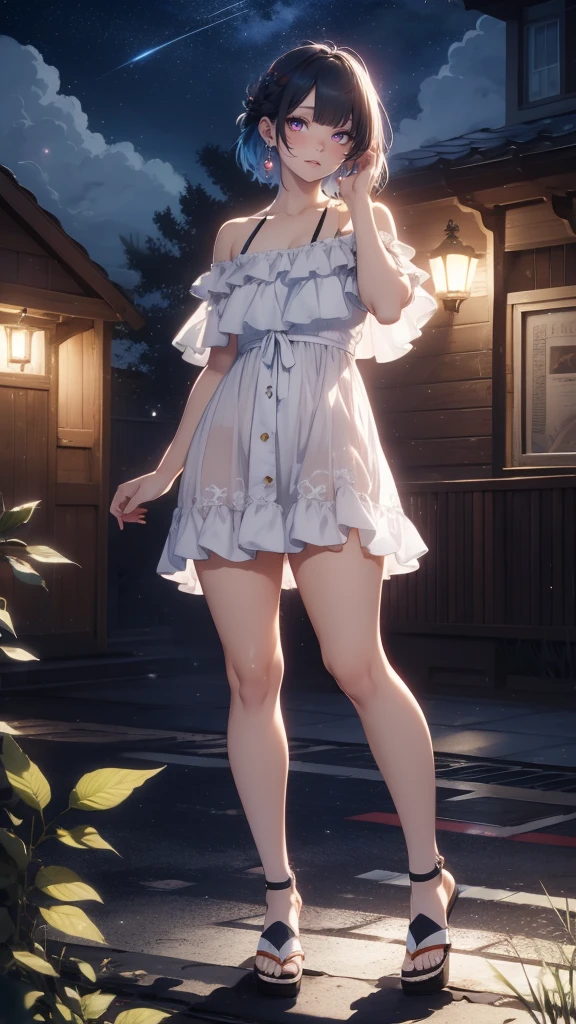 Masterpiece, best quality, 16k resolution, NVIDIA RTX Ray Tracing technology, Create a 4K resolution, ultra-realistic, and extremely detailed artwork, award winning, retina, soft light, sharp focus.(hyper-realistic:1.4), (full body:1.5), (Night, night time:1.4), from above
cyberpunklucy, lucy, short hair, bangs, blue eyes, blue hair, multicolored hair, makeup, (multicolored eyes:1.3), smile, model pose, modeling
BREAK bare hips, ((White Sundress)), Earrings, sandals, off-shoulder open, Sensual Body, Large Breasts, Thick Thighs, Sexy Legs,
BREAK outdoors, city, moon, night, sky, clouds,
sexy, Sexy, smooth perfect skin, smooth_skin
Beautiful、(red blush)、Sexy
FULL BODY SHOT, ultra wide angle, textured skin, face detail, clean skin, perfect hands, perfect anatomy, anatomically correct,
(Realistic park:1.3)
